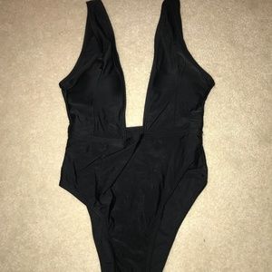 Plunging Neck Solid One Piece Swimsuit